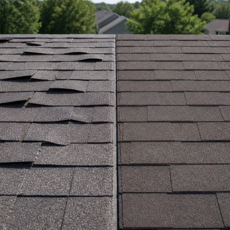 Comparing wind damage and normal roof wear on shingles