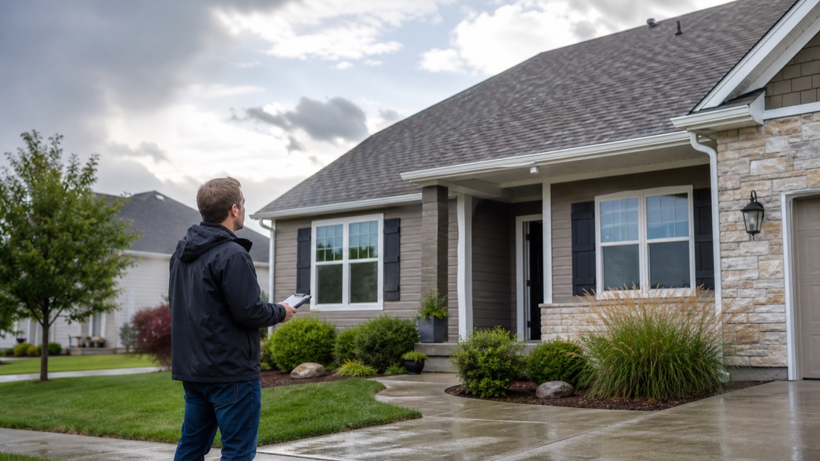 Homeowner checking a property safely after a storm