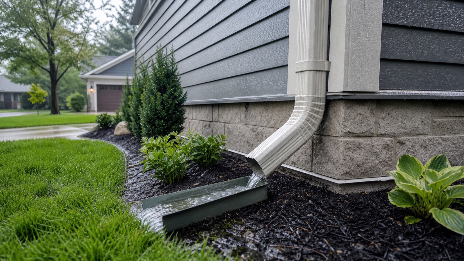 Gutter and downspout moving water away from a home foundation