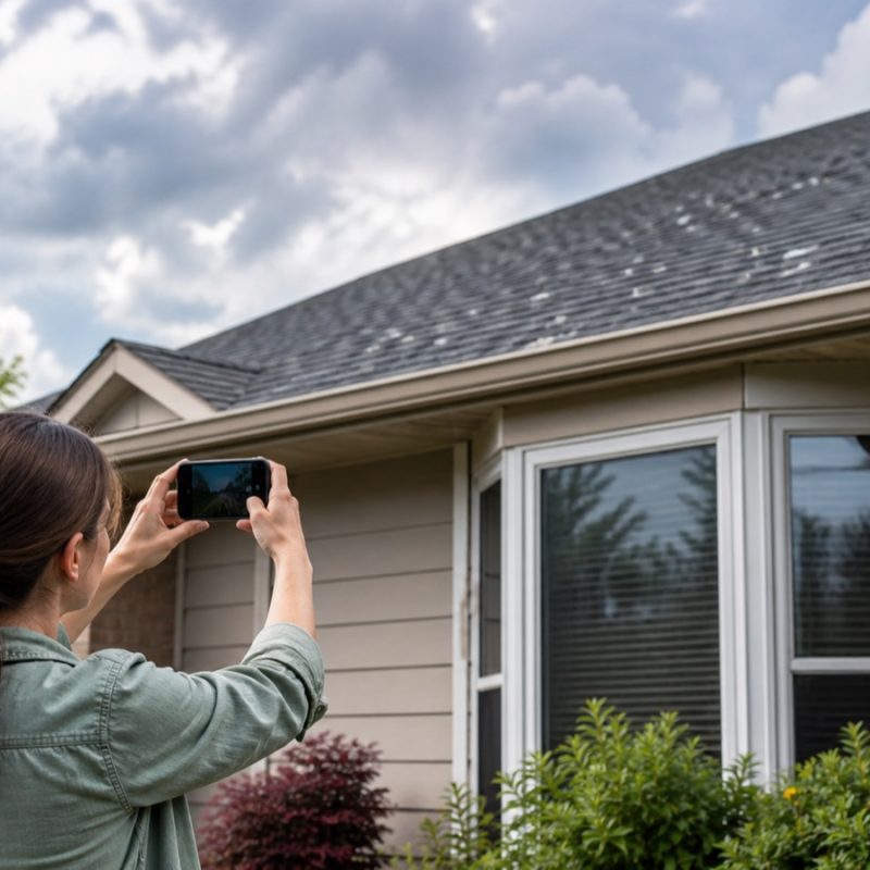 Homeowner documenting possible hail damage safely from the ground
