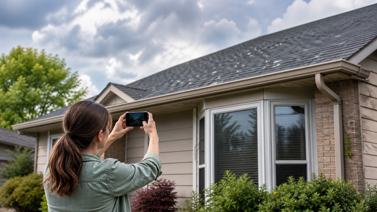 Homeowner documenting possible hail damage safely from the ground
