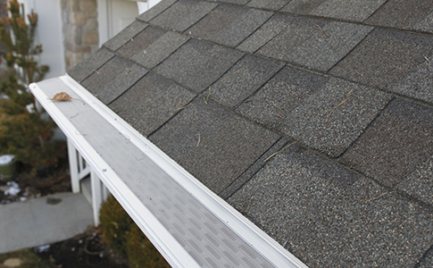 Close view of ArmourGuard Fascia Mount along a white gutter beneath an asphalt-shingle roof.