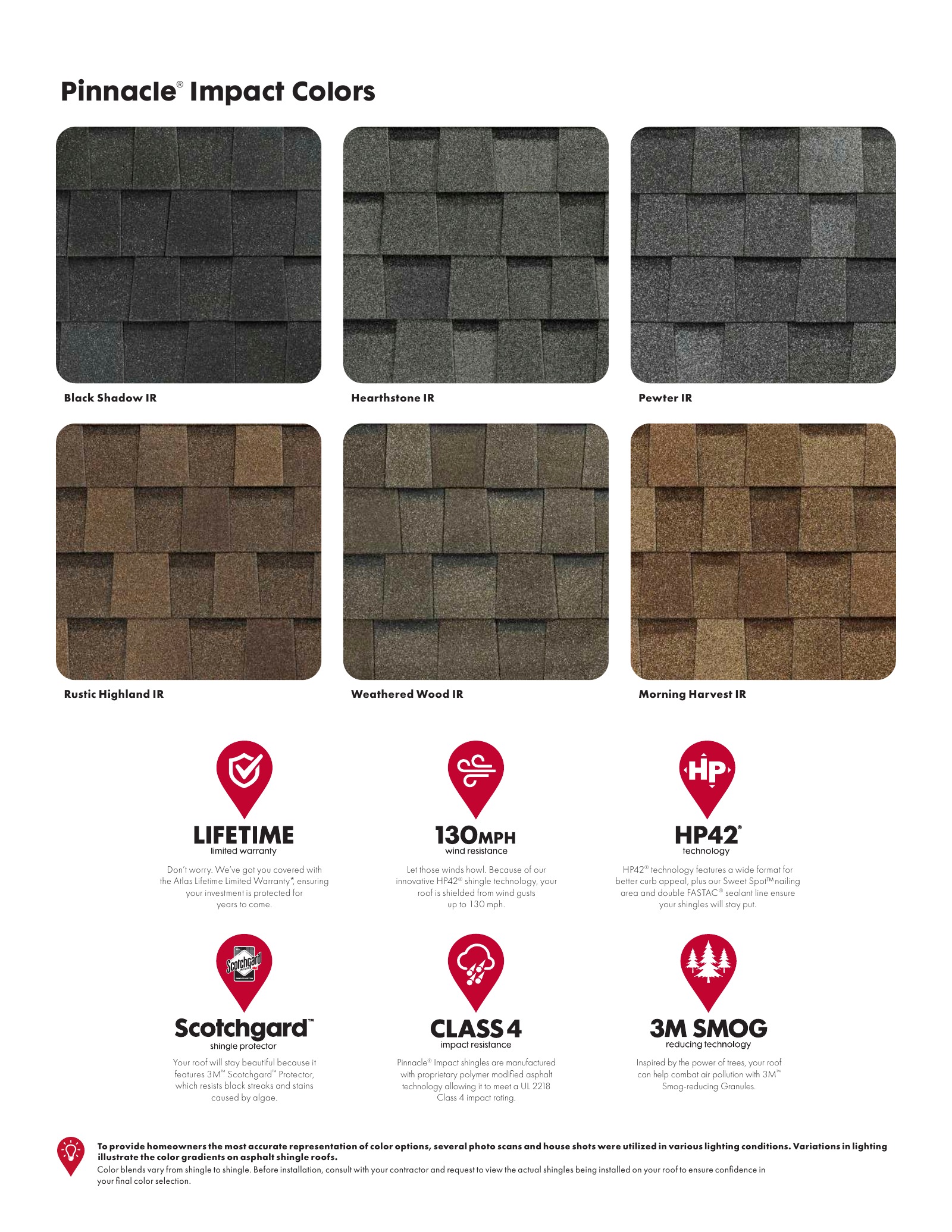 Atlas Pinnacle Impact color samples shown as labelled shingle swatches on the manufacturer color sheet.