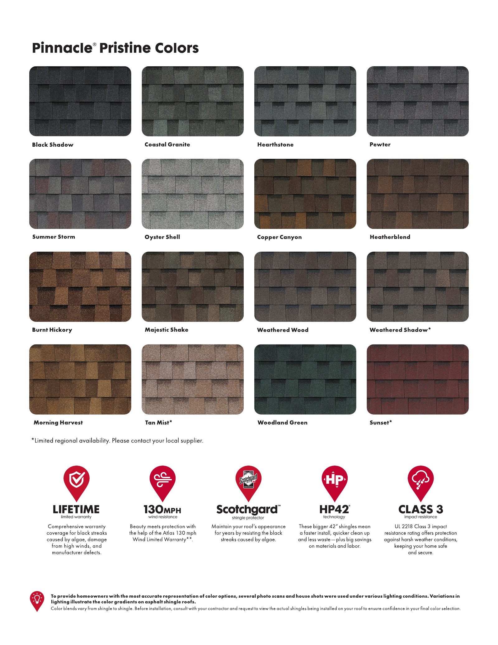 Atlas Pinnacle Pristine color samples shown as labelled shingle swatches on the manufacturer color sheet.