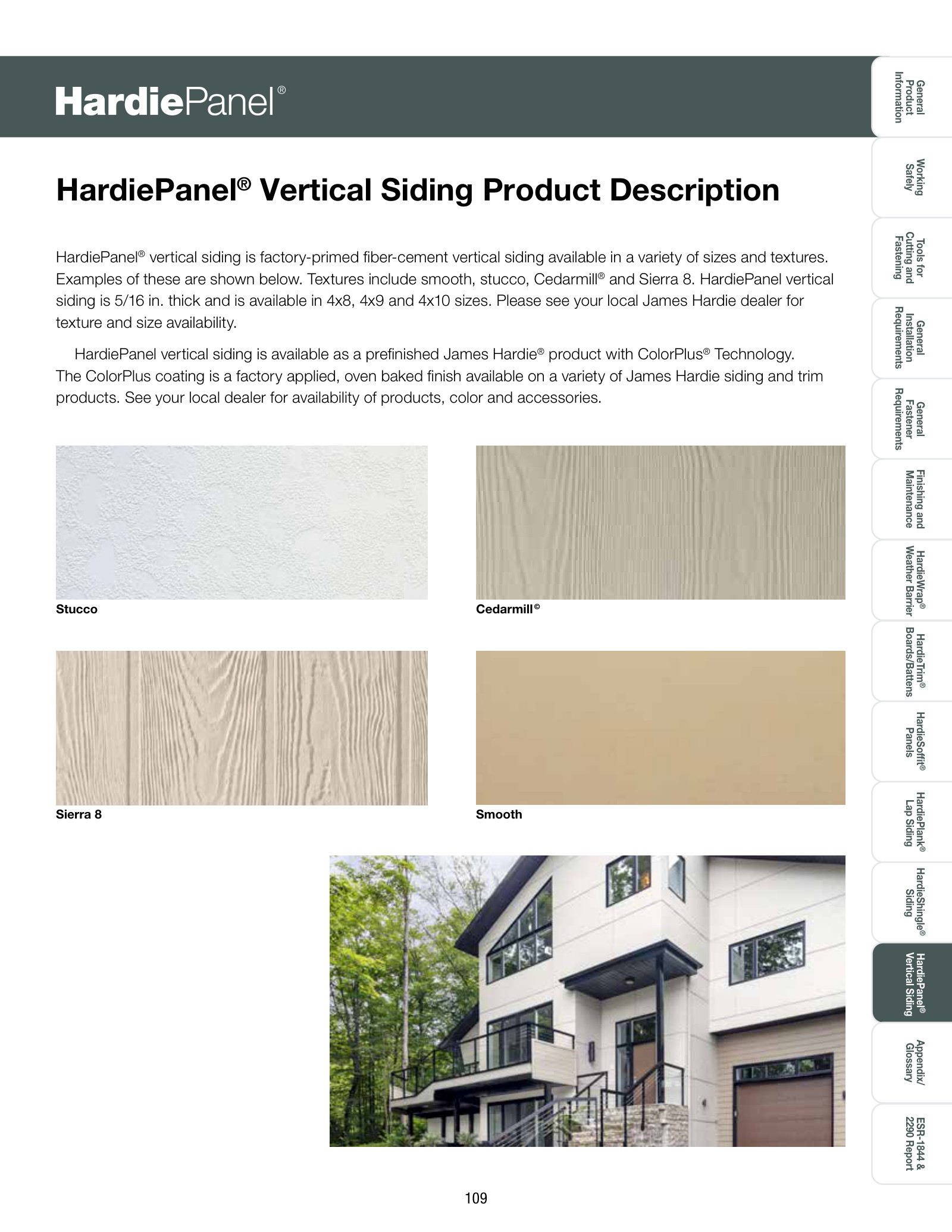 Whole James Hardie product-description page with Stucco, Cedarmill, Sierra 8 and Smooth vertical siding sample images and a manufacturer home example.