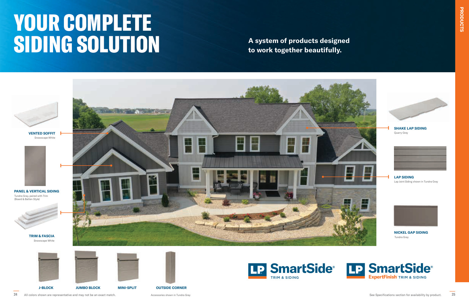 Whole LP SmartSide catalog spread showing a home with labeled lap, shake, vertical siding, trim and accessory samples.