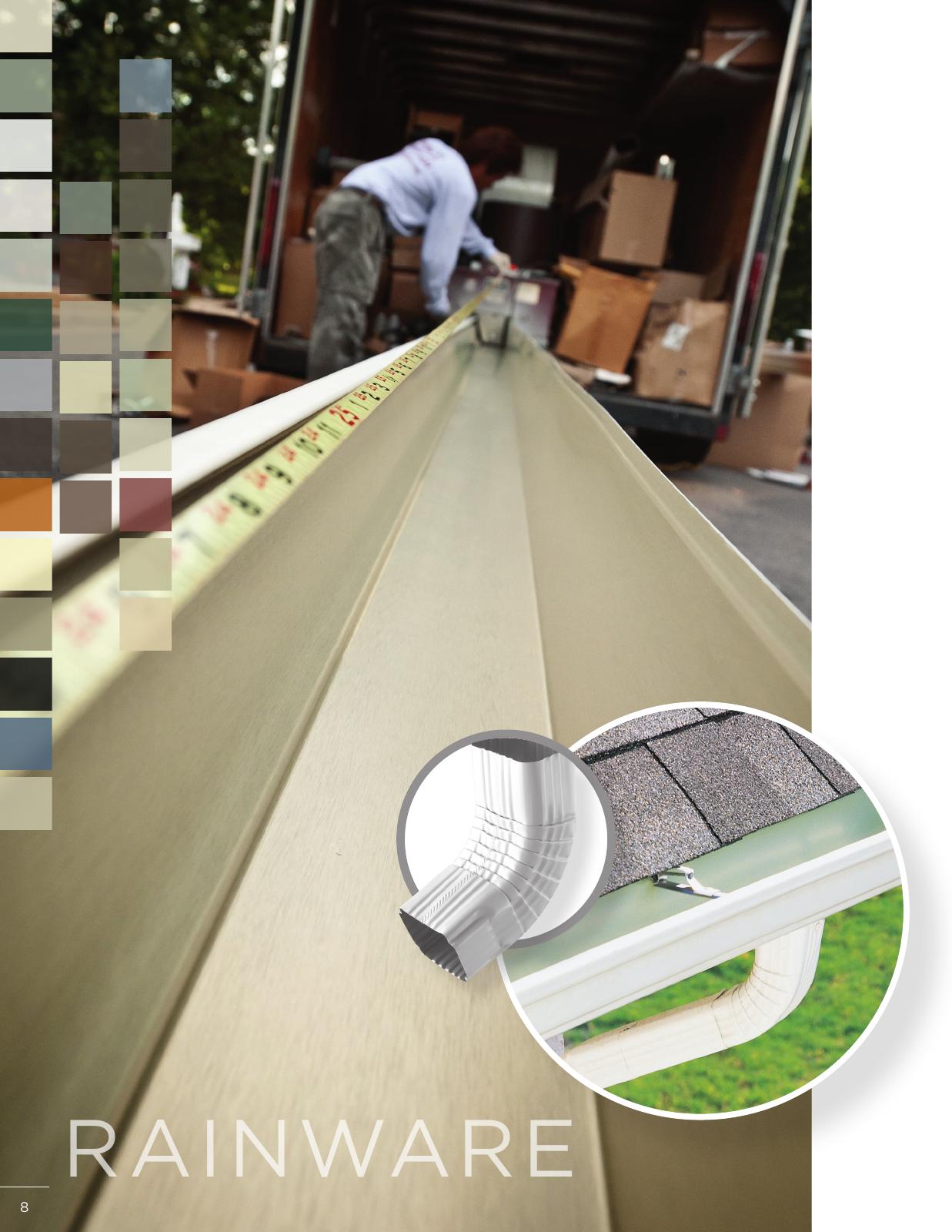 Manufacturer rainware illustration showing a long aluminum gutter being measured at a work truck, with downspout and installed gutter details.